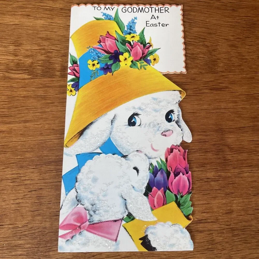 Vtg Oz Godmother Mica Glitter Spring Happy Easter Die Cut Greeting Card